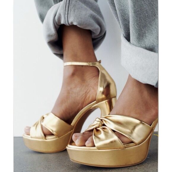 Zara Women's Gold Metallic Heeled Platform Sandals Size US 9 UK 7 EUR 40 - Picture 6 of 11